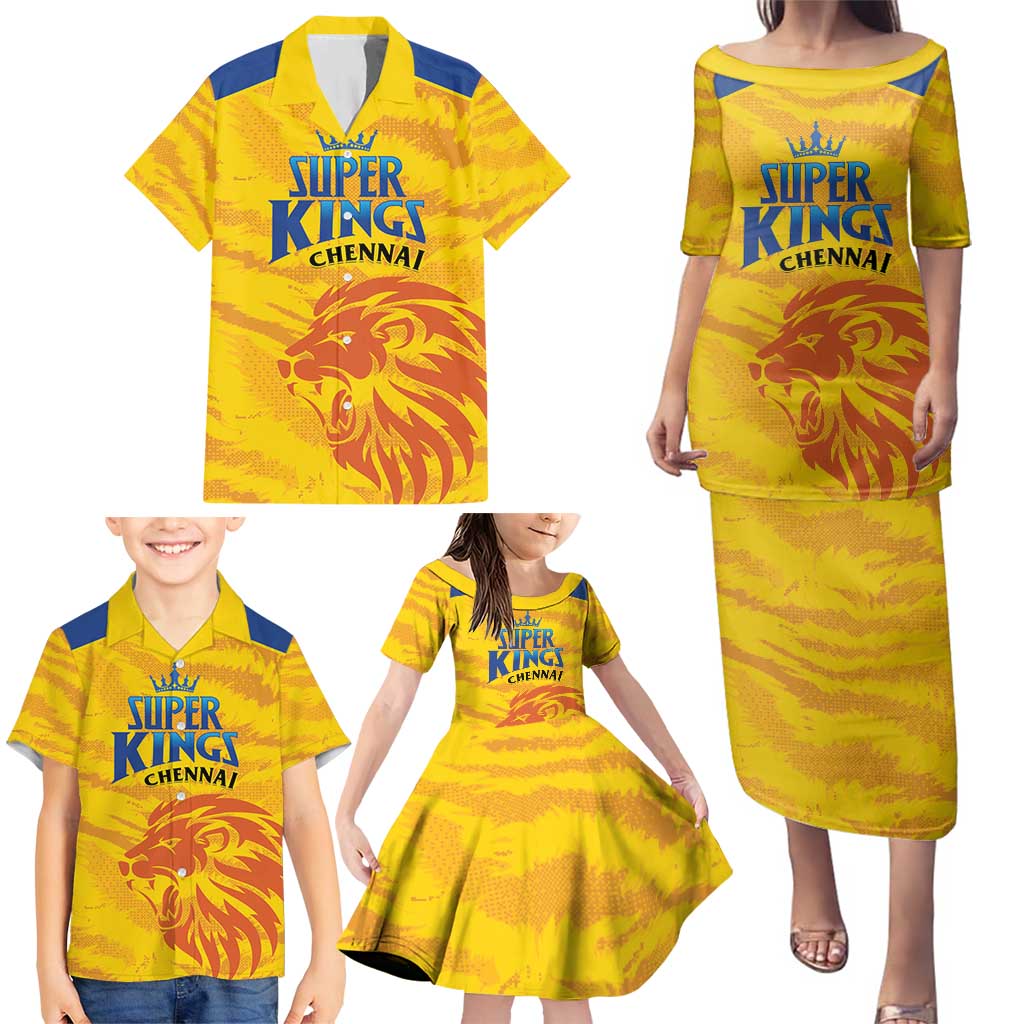 Custom Chennai 2025 Cricket Super Kings Family Matching Puletasi and Hawaiian Shirt Yellow Army Lions Champion