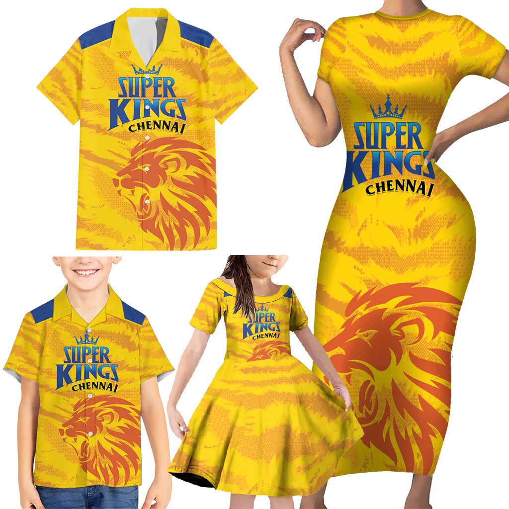 Custom Chennai 2025 Cricket Super Kings Family Matching Short Sleeve Bodycon Dress and Hawaiian Shirt Yellow Army Lions Champion