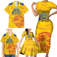 Custom Chennai 2025 Cricket Super Kings Family Matching Short Sleeve Bodycon Dress and Hawaiian Shirt Yellow Army Lions Champion