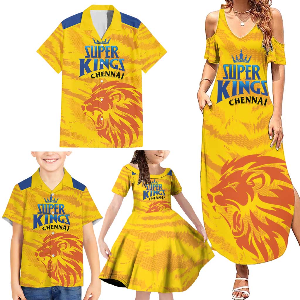 Custom Chennai 2025 Cricket Super Kings Family Matching Summer Maxi Dress and Hawaiian Shirt Yellow Army Lions Champion