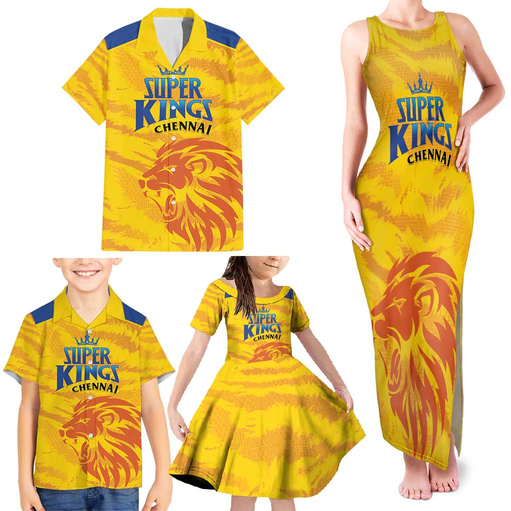 Custom Chennai 2025 Cricket Super Kings Family Matching Tank Maxi Dress and Hawaiian Shirt Yellow Army Lions Champion