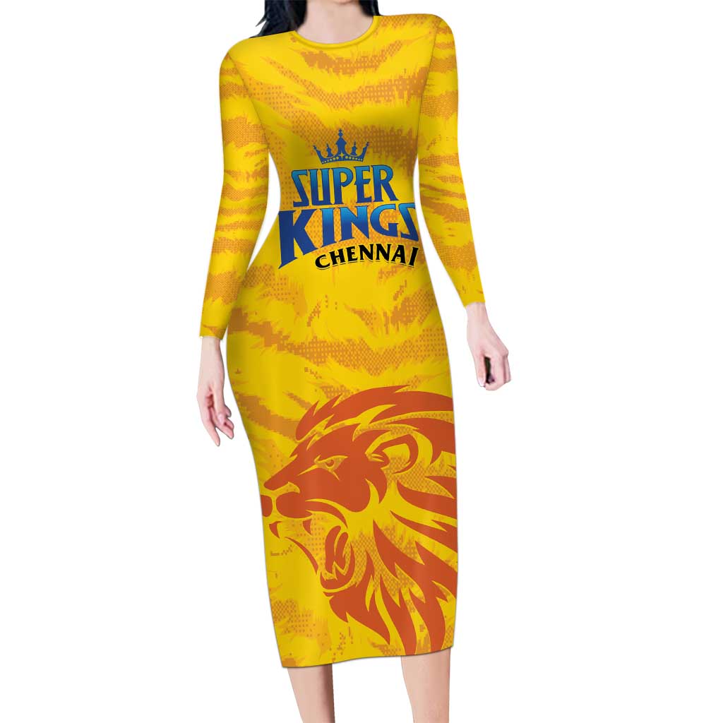 Custom Chennai 2025 Cricket Super Kings Long Sleeve Bodycon Dress Yellow Army Lions Champion
