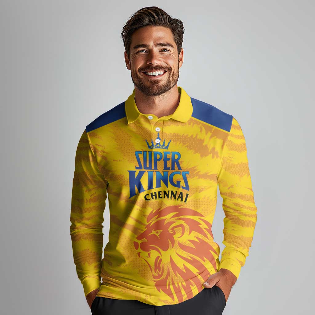 Custom Chennai 2025 Cricket Super Kings Long Sleeve Polo Shirt Yellow Army Lions Champion