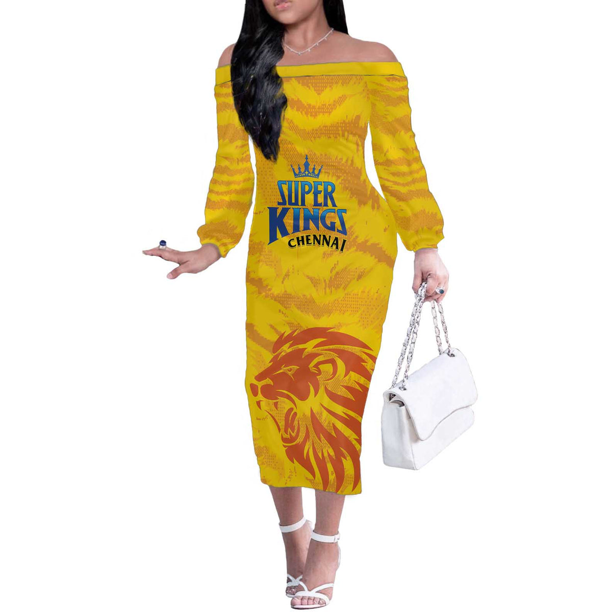 Custom Chennai 2025 Cricket Super Kings Off The Shoulder Long Sleeve Dress Yellow Army Lions Champion