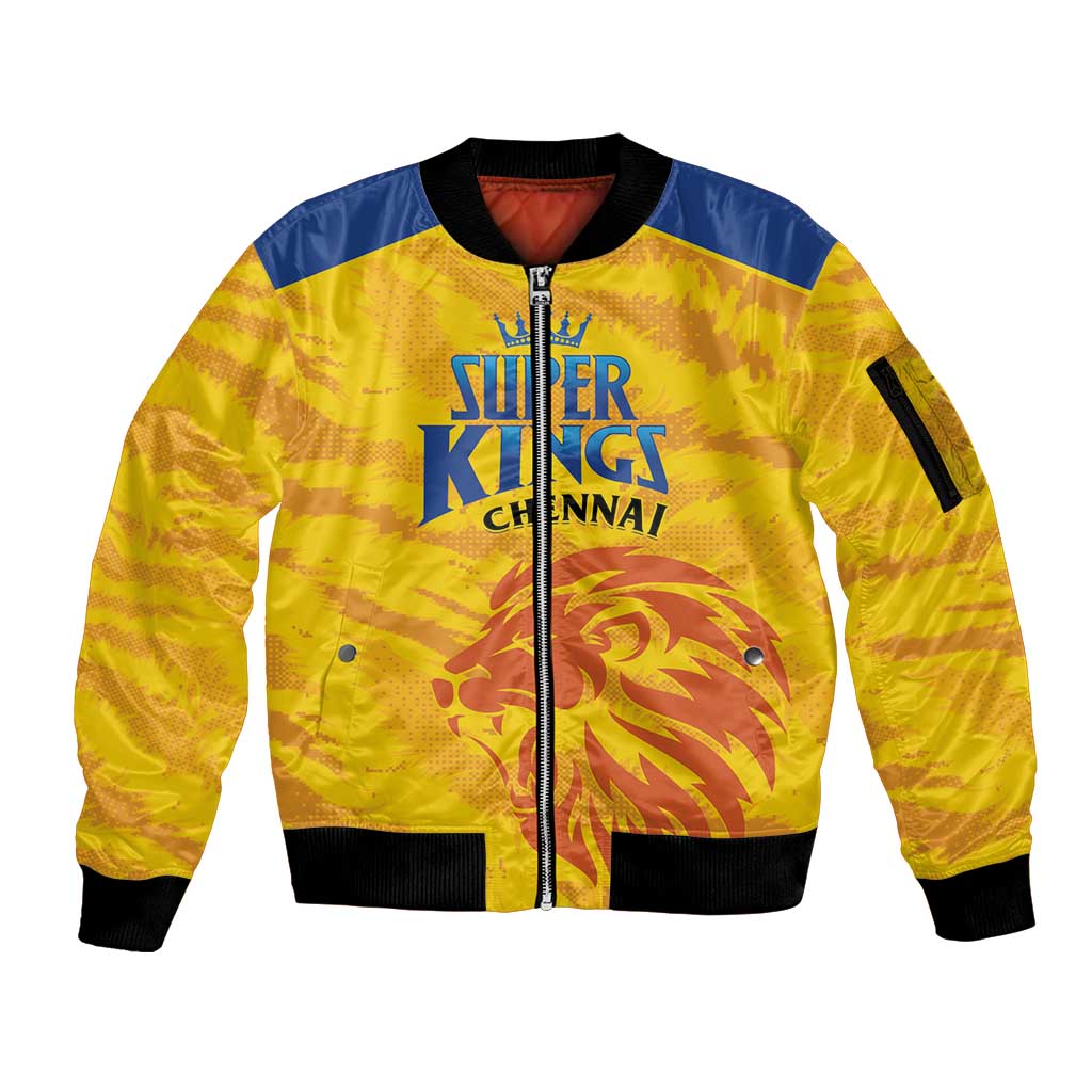 Custom Chennai 2025 Cricket Super Kings Sleeve Zip Bomber Jacket Yellow Army Lions Champion