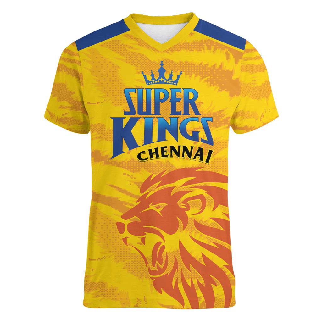 Custom Chennai 2025 Cricket Super Kings Women V-Neck T-Shirt Yellow Army Lions Champion