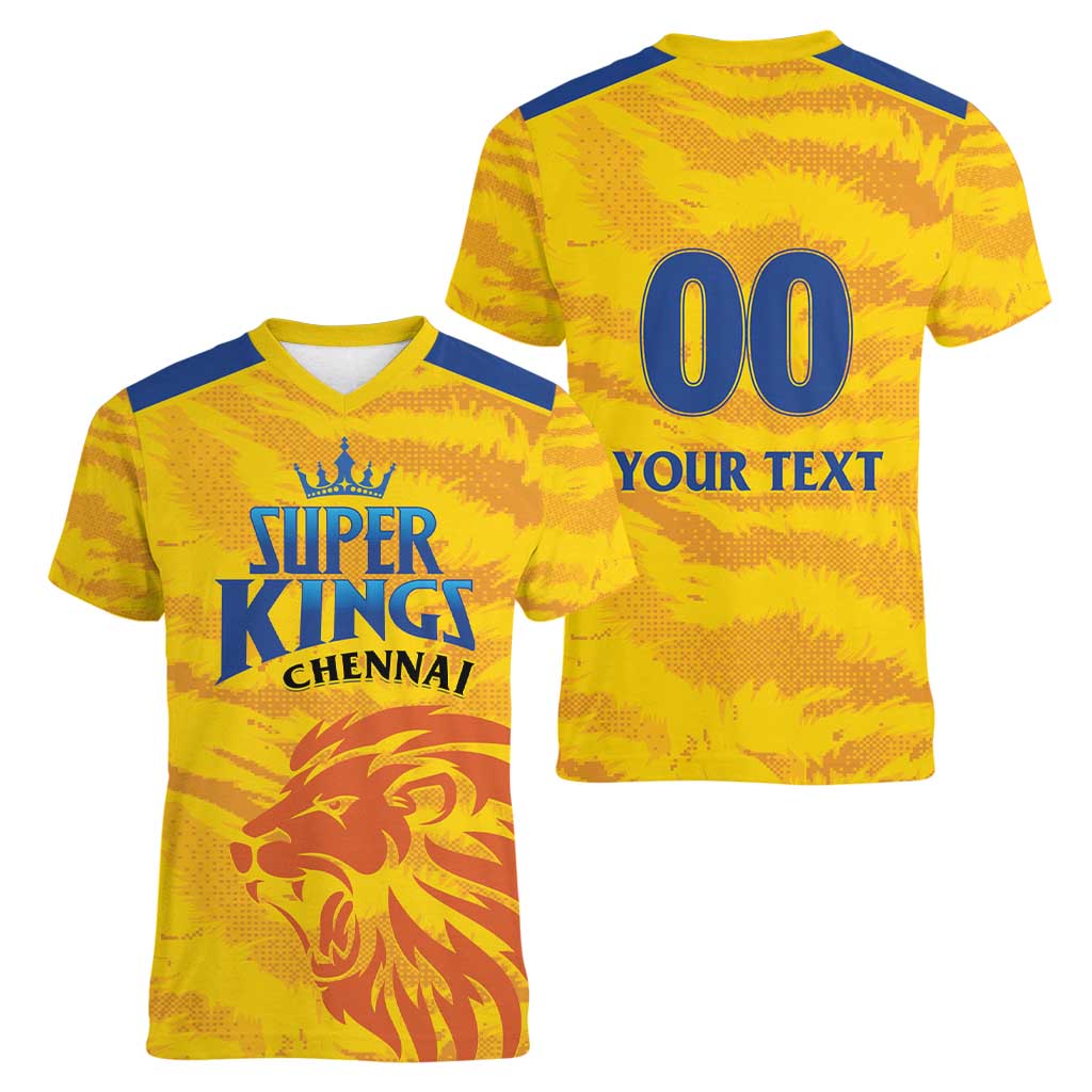 Custom Chennai 2025 Cricket Super Kings Women V-Neck T-Shirt Yellow Army Lions Champion