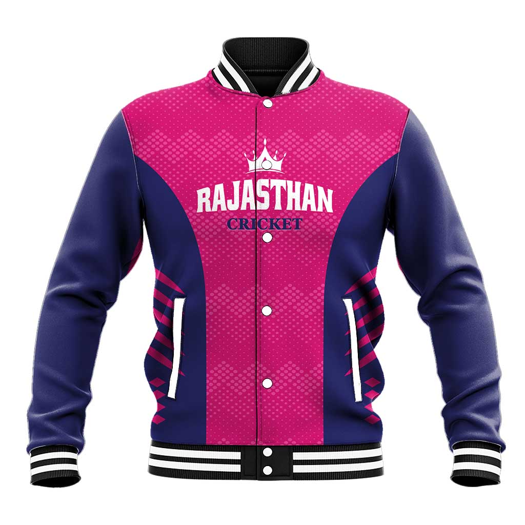 Custom Rajasthan 2025 Cricket Royals Baseball Jacket Pink And Halla Bol