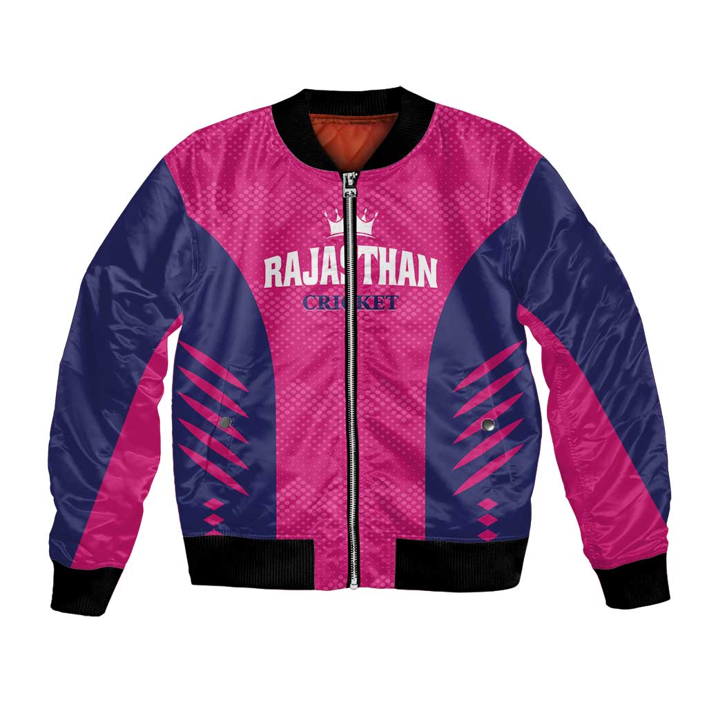 Custom Rajasthan 2025 Cricket Royals Bomber Jacket Pink And Halla Bol