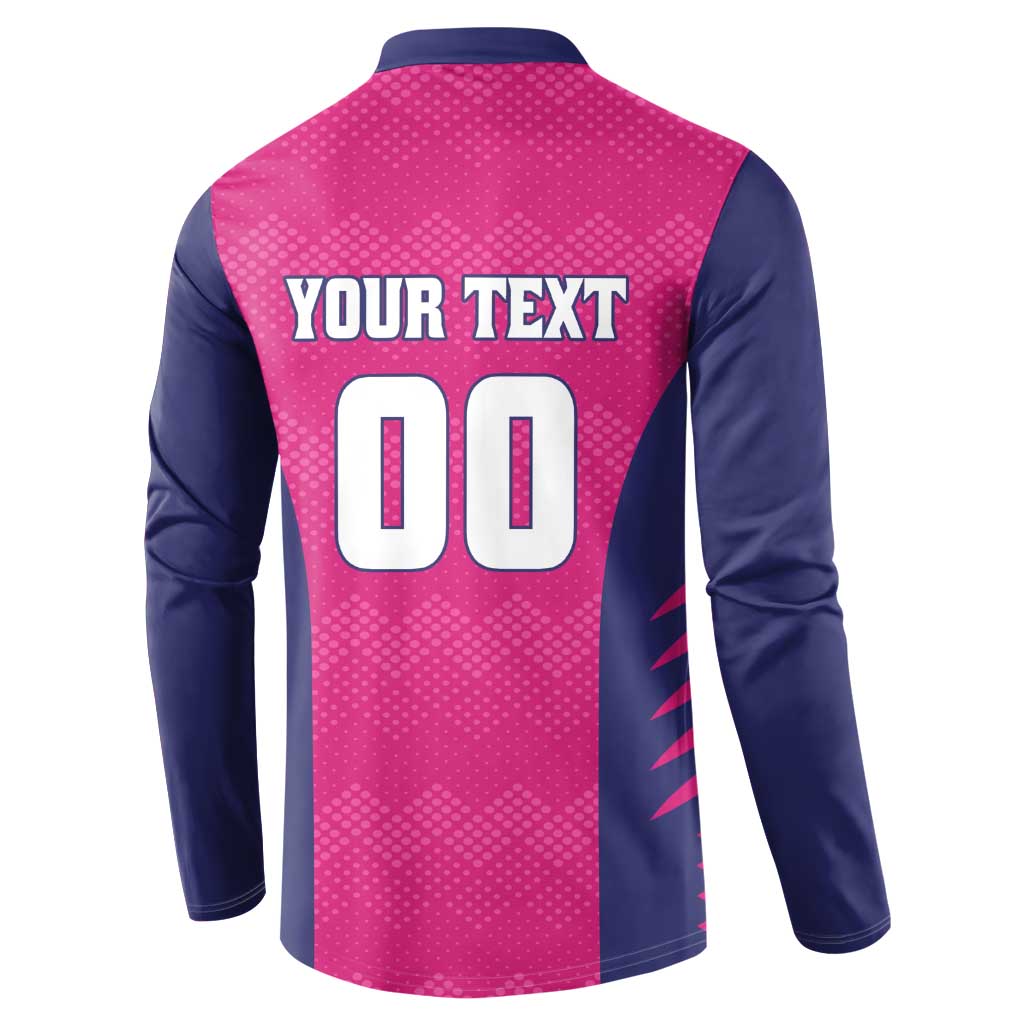 Custom Rajasthan 2025 Cricket Royals Button Sweatshirt Pink And Halla Bol