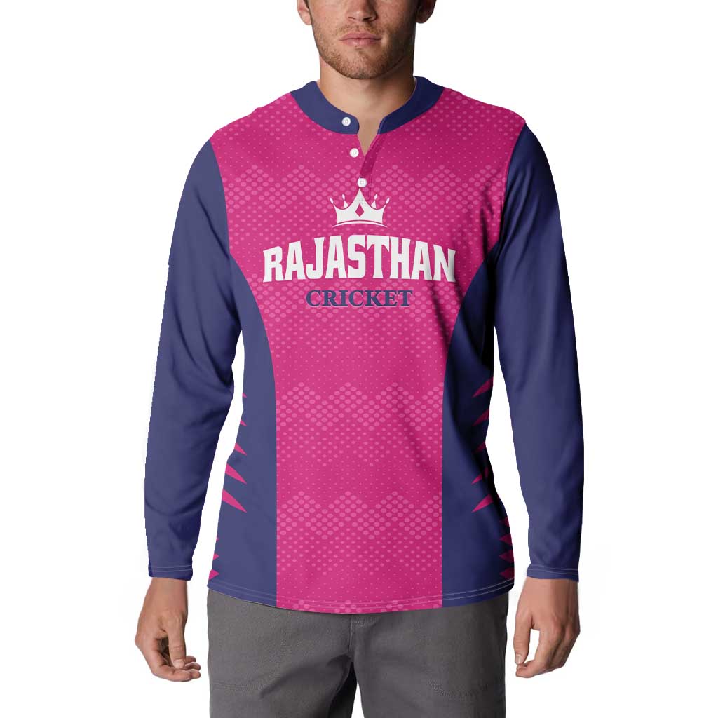 Custom Rajasthan 2025 Cricket Royals Button Sweatshirt Pink And Halla Bol