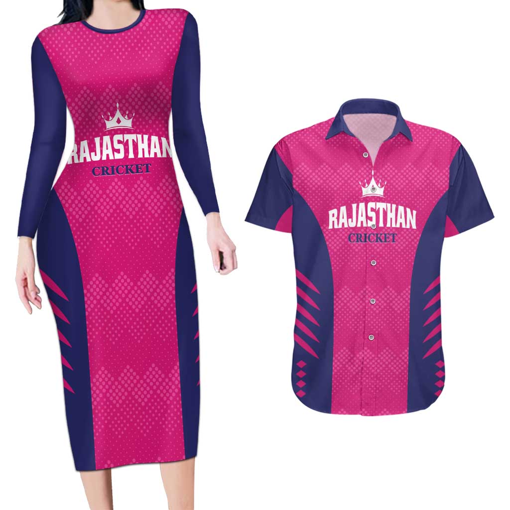 Custom Rajasthan 2025 Cricket Royals Couples Matching Long Sleeve Bodycon Dress and Hawaiian Shirt Pink And Halla Bol