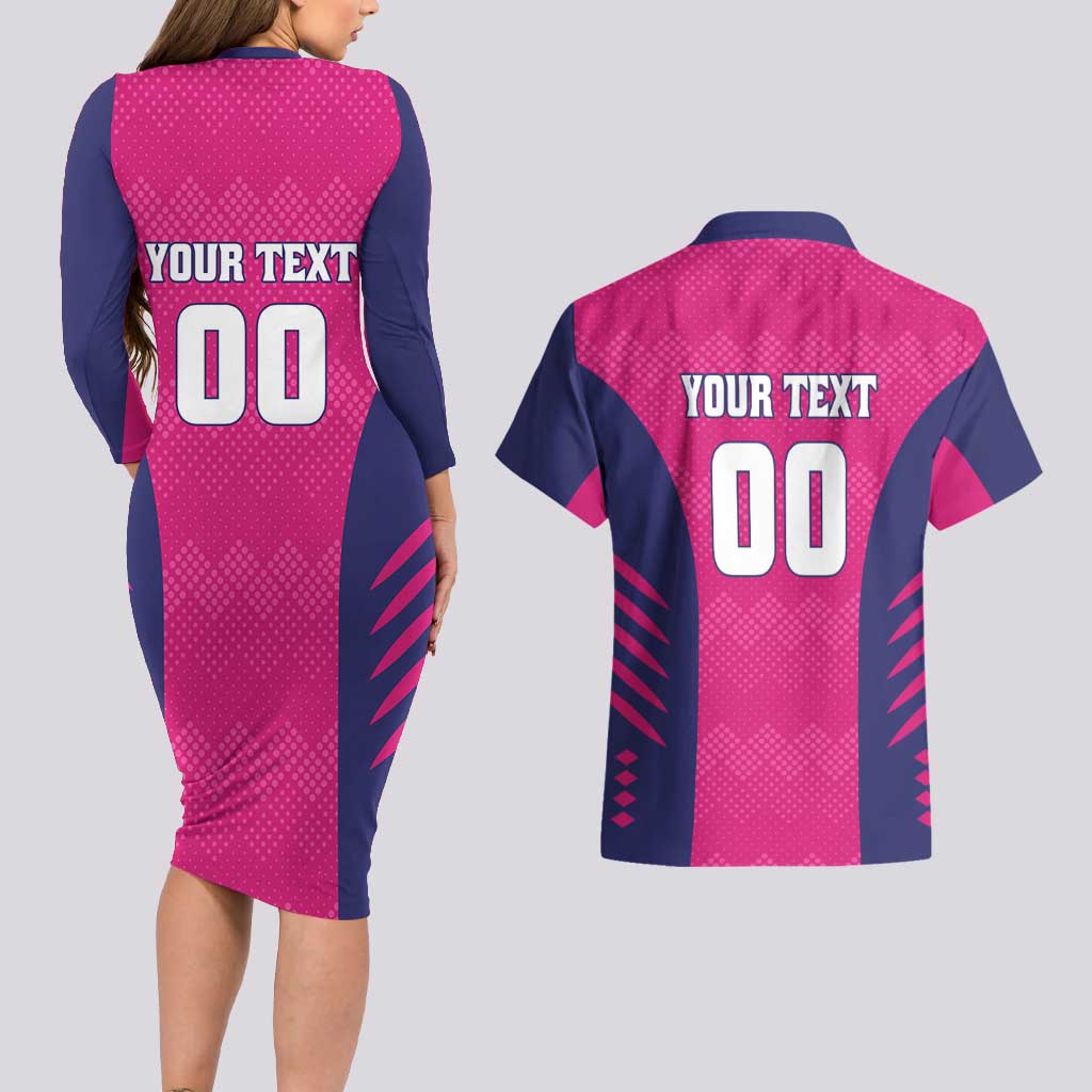 Custom Rajasthan 2025 Cricket Royals Couples Matching Long Sleeve Bodycon Dress and Hawaiian Shirt Pink And Halla Bol