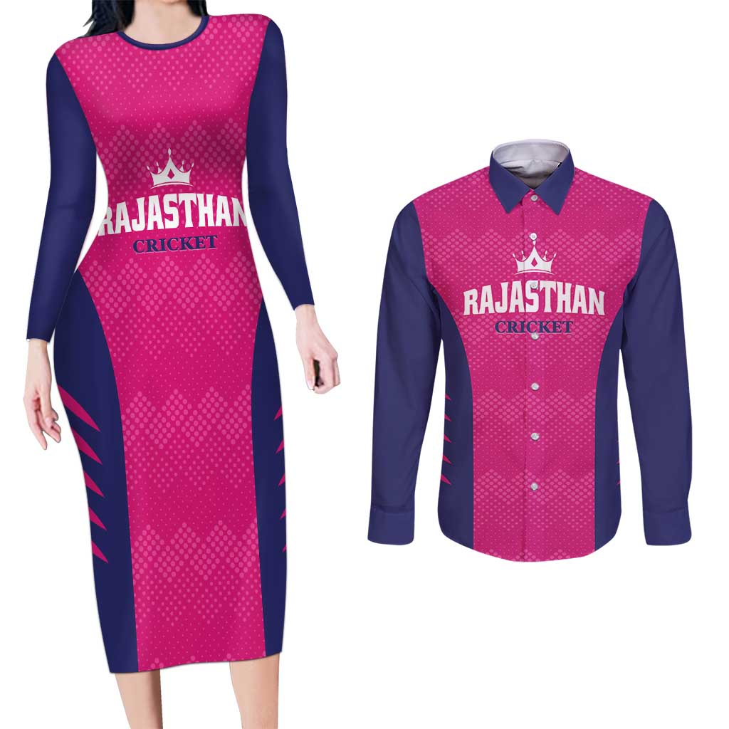 Custom Rajasthan 2025 Cricket Royals Couples Matching Long Sleeve Bodycon Dress and Long Sleeve Button Shirt Pink And Halla Bol
