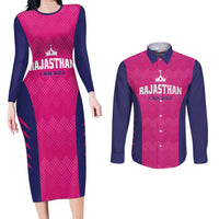 Custom Rajasthan 2025 Cricket Royals Couples Matching Long Sleeve Bodycon Dress and Long Sleeve Button Shirt Pink And Halla Bol
