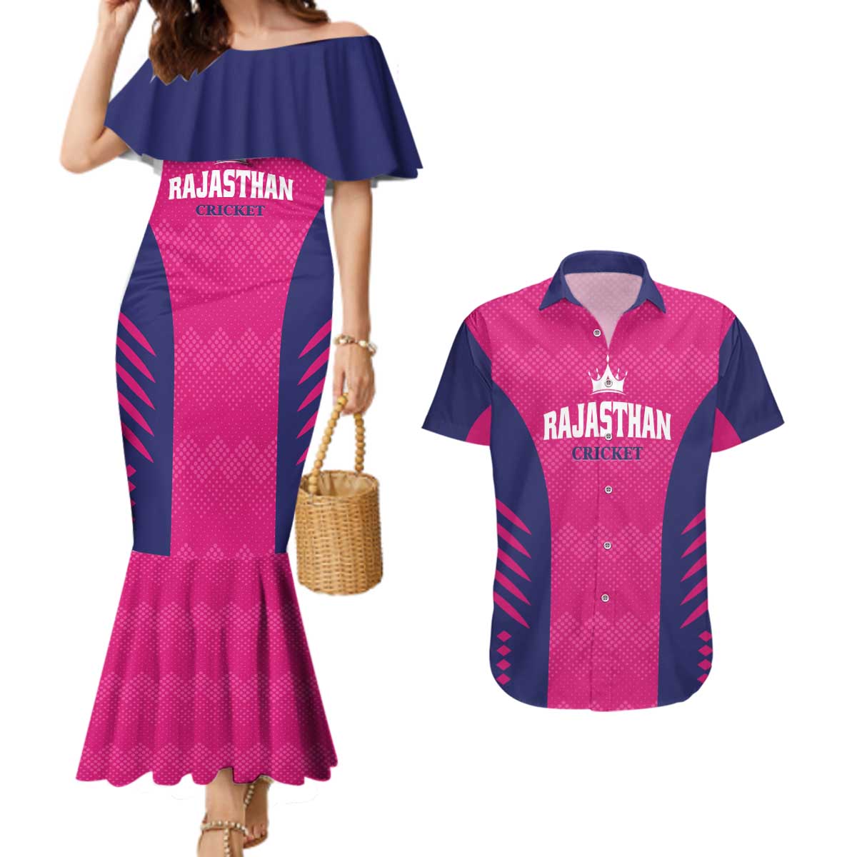 Custom Rajasthan 2025 Cricket Royals Couples Matching Mermaid Dress and Hawaiian Shirt Pink And Halla Bol