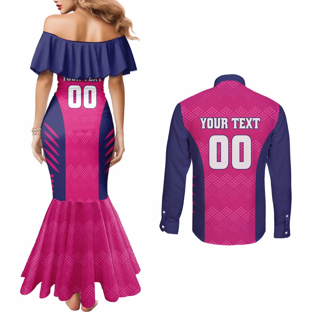 Custom Rajasthan 2025 Cricket Royals Couples Matching Mermaid Dress and Long Sleeve Button Shirt Pink And Halla Bol