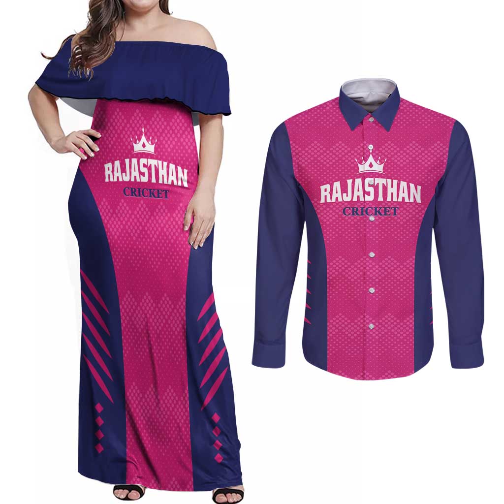 Custom Rajasthan 2025 Cricket Royals Couples Matching Off Shoulder Maxi Dress and Long Sleeve Button Shirt Pink And Halla Bol