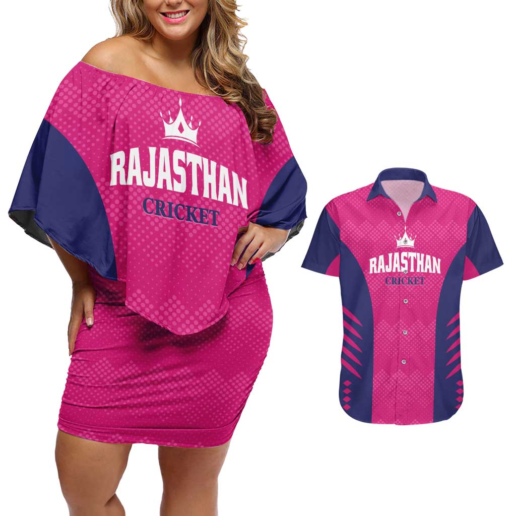 Custom Rajasthan 2025 Cricket Royals Couples Matching Off Shoulder Short Dress and Hawaiian Shirt Pink And Halla Bol