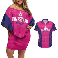 Custom Rajasthan 2025 Cricket Royals Couples Matching Off Shoulder Short Dress and Hawaiian Shirt Pink And Halla Bol