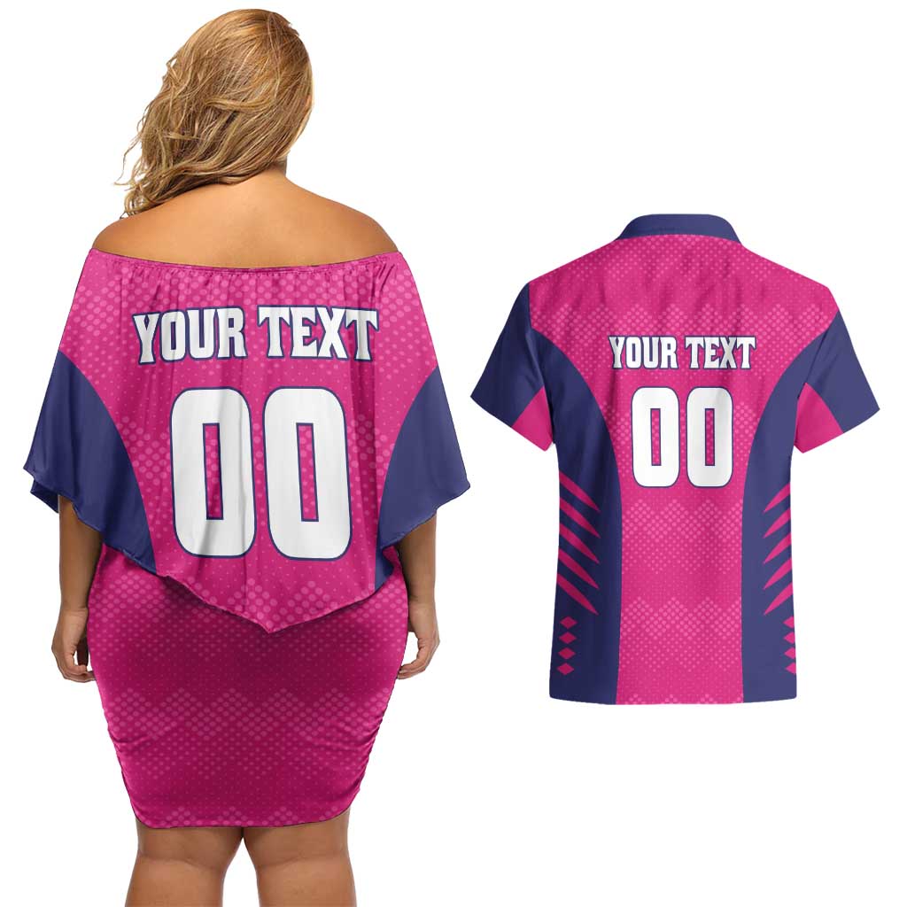 Custom Rajasthan 2025 Cricket Royals Couples Matching Off Shoulder Short Dress and Hawaiian Shirt Pink And Halla Bol