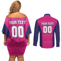 Custom Rajasthan 2025 Cricket Royals Couples Matching Off Shoulder Short Dress and Long Sleeve Button Shirt Pink And Halla Bol