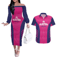 Custom Rajasthan 2025 Cricket Royals Couples Matching Off The Shoulder Long Sleeve Dress and Hawaiian Shirt Pink And Halla Bol