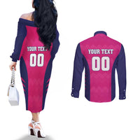 Custom Rajasthan 2025 Cricket Royals Couples Matching Off The Shoulder Long Sleeve Dress and Long Sleeve Button Shirt Pink And Halla Bol