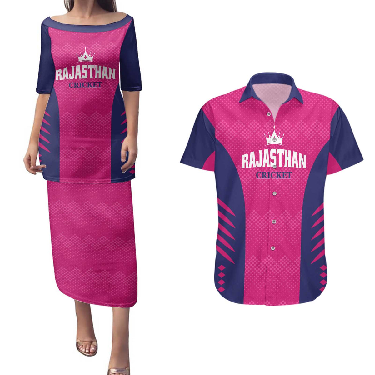 Custom Rajasthan 2025 Cricket Royals Couples Matching Puletasi and Hawaiian Shirt Pink And Halla Bol