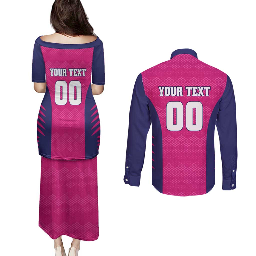 Custom Rajasthan 2025 Cricket Royals Couples Matching Puletasi and Long Sleeve Button Shirt Pink And Halla Bol