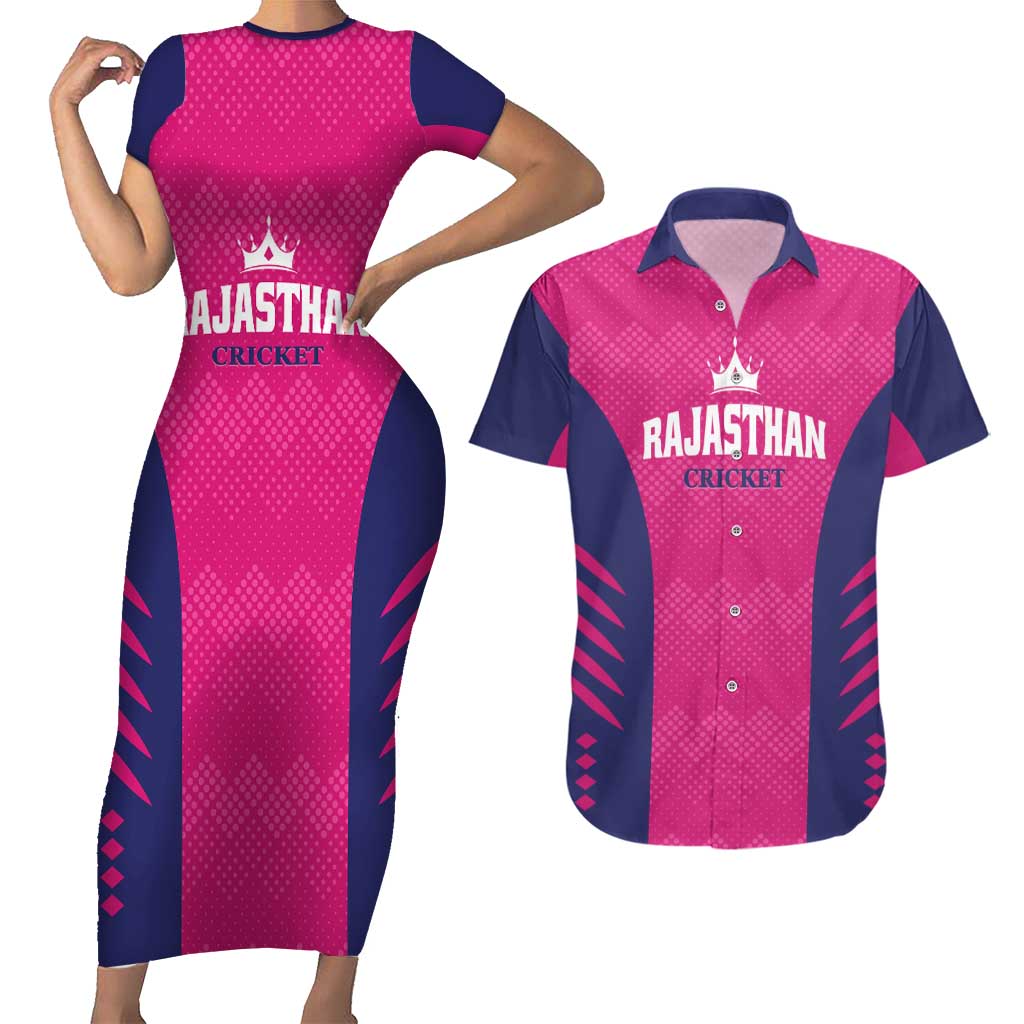 Custom Rajasthan 2025 Cricket Royals Couples Matching Short Sleeve Bodycon Dress and Hawaiian Shirt Pink And Halla Bol
