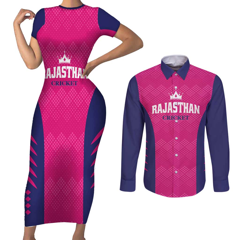 Custom Rajasthan 2025 Cricket Royals Couples Matching Short Sleeve Bodycon Dress and Long Sleeve Button Shirt Pink And Halla Bol