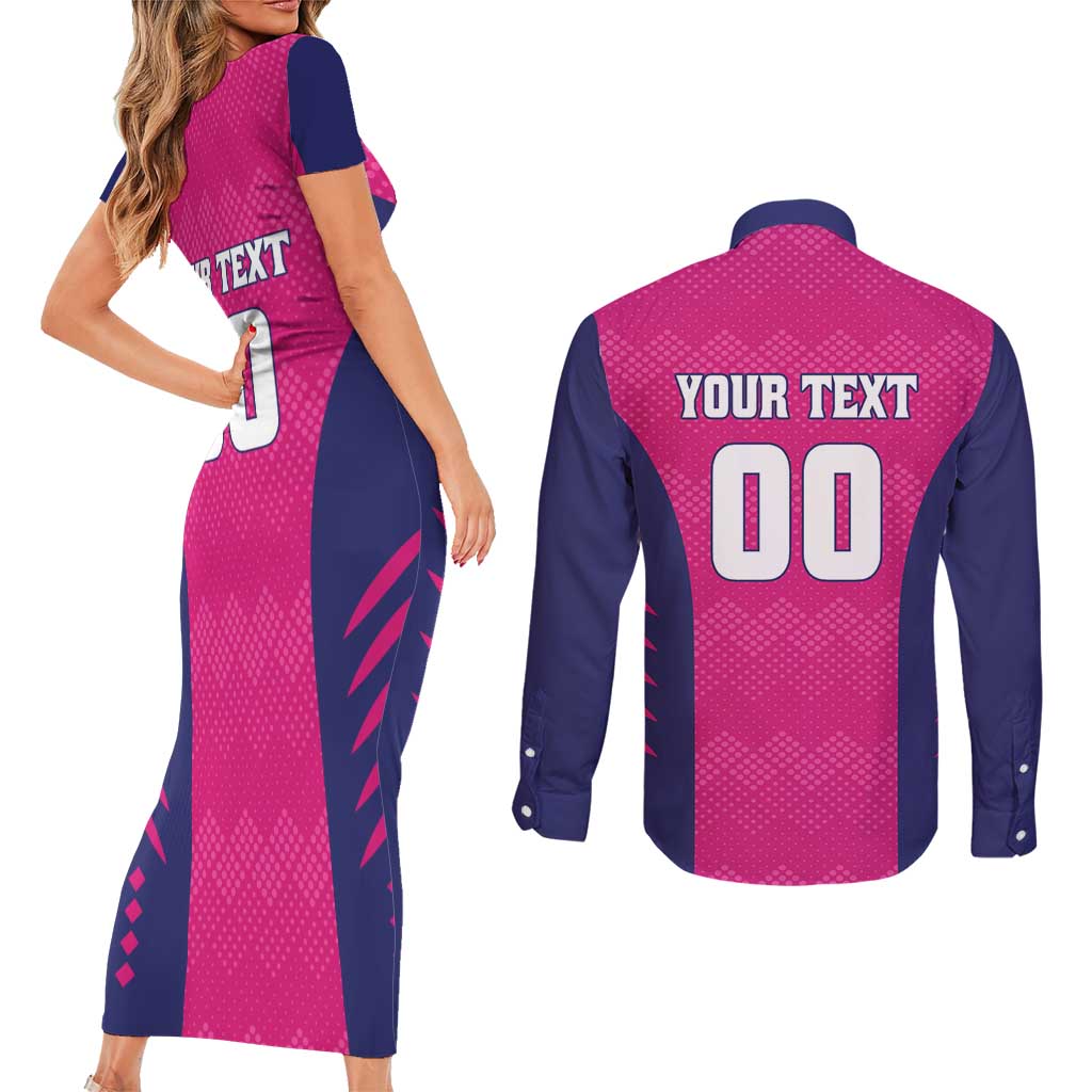 Custom Rajasthan 2025 Cricket Royals Couples Matching Short Sleeve Bodycon Dress and Long Sleeve Button Shirt Pink And Halla Bol
