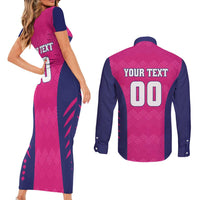 Custom Rajasthan 2025 Cricket Royals Couples Matching Short Sleeve Bodycon Dress and Long Sleeve Button Shirt Pink And Halla Bol