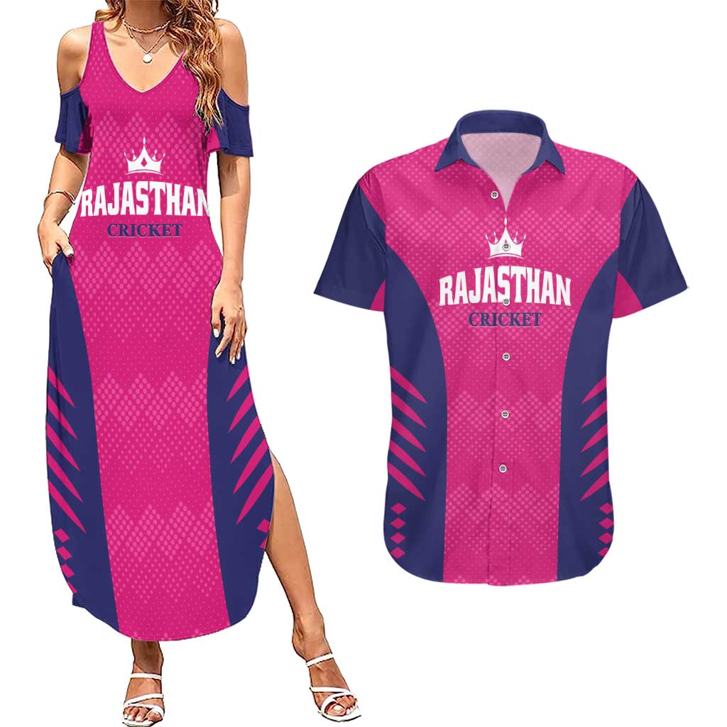 Custom Rajasthan 2025 Cricket Royals Couples Matching Summer Maxi Dress and Hawaiian Shirt Pink And Halla Bol