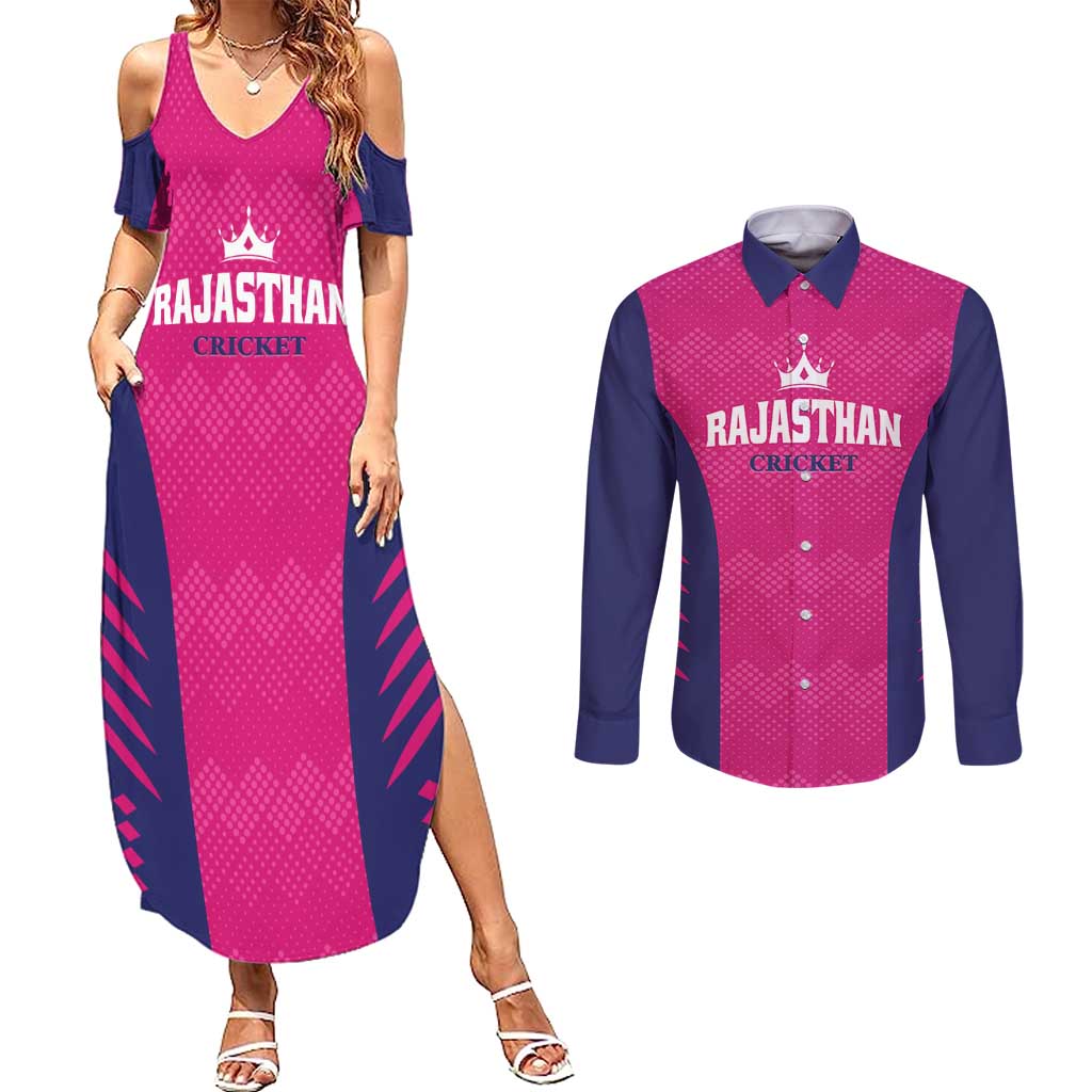 Custom Rajasthan 2025 Cricket Royals Couples Matching Summer Maxi Dress and Long Sleeve Button Shirt Pink And Halla Bol