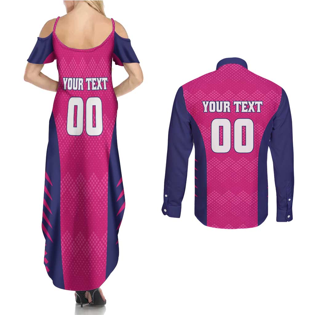 Custom Rajasthan 2025 Cricket Royals Couples Matching Summer Maxi Dress and Long Sleeve Button Shirt Pink And Halla Bol