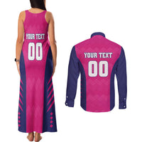Custom Rajasthan 2025 Cricket Royals Couples Matching Tank Maxi Dress and Long Sleeve Button Shirt Pink And Halla Bol