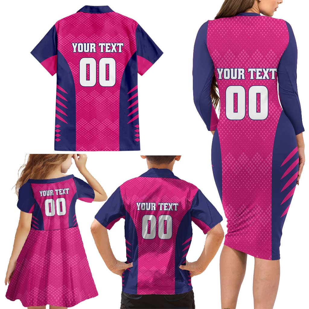Custom Rajasthan 2025 Cricket Royals Family Matching Long Sleeve Bodycon Dress and Hawaiian Shirt Pink And Halla Bol