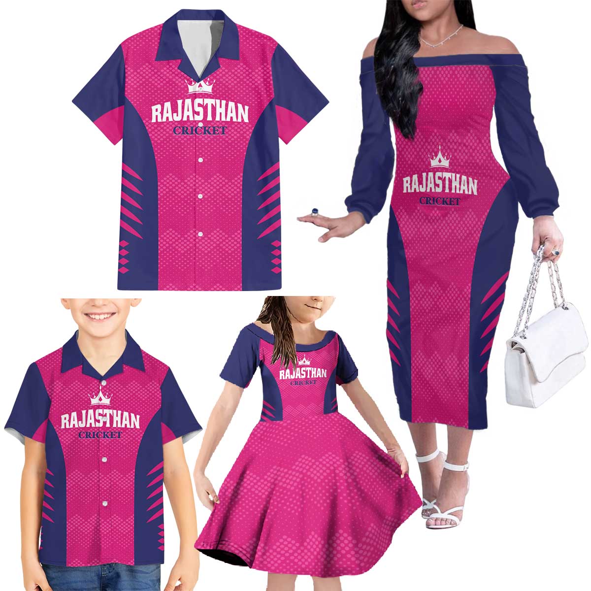 Custom Rajasthan 2025 Cricket Royals Family Matching Off The Shoulder Long Sleeve Dress and Hawaiian Shirt Pink And Halla Bol