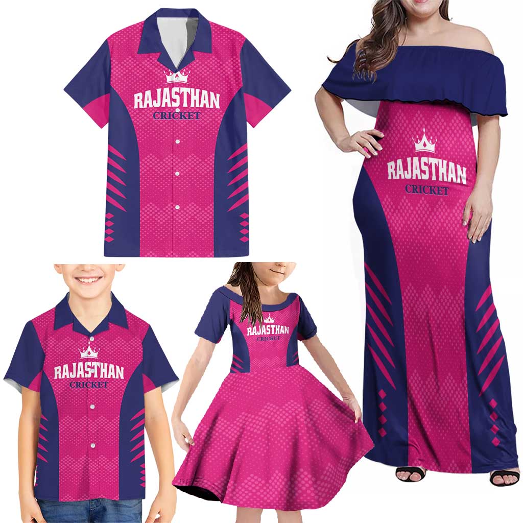 Custom Rajasthan 2025 Cricket Royals Family Matching Off Shoulder Maxi Dress and Hawaiian Shirt Pink And Halla Bol