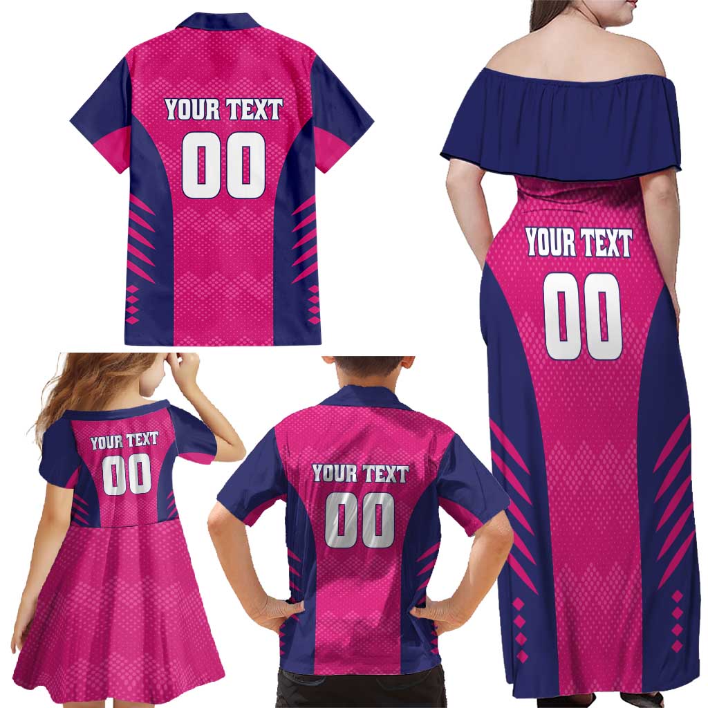 Custom Rajasthan 2025 Cricket Royals Family Matching Off Shoulder Maxi Dress and Hawaiian Shirt Pink And Halla Bol