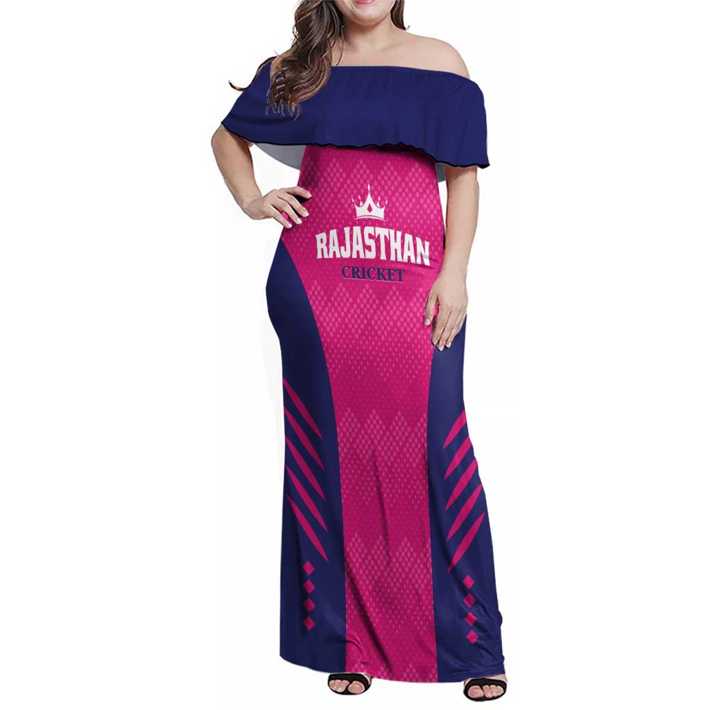 Custom Rajasthan 2025 Cricket Royals Family Matching Off Shoulder Maxi Dress and Hawaiian Shirt Pink And Halla Bol