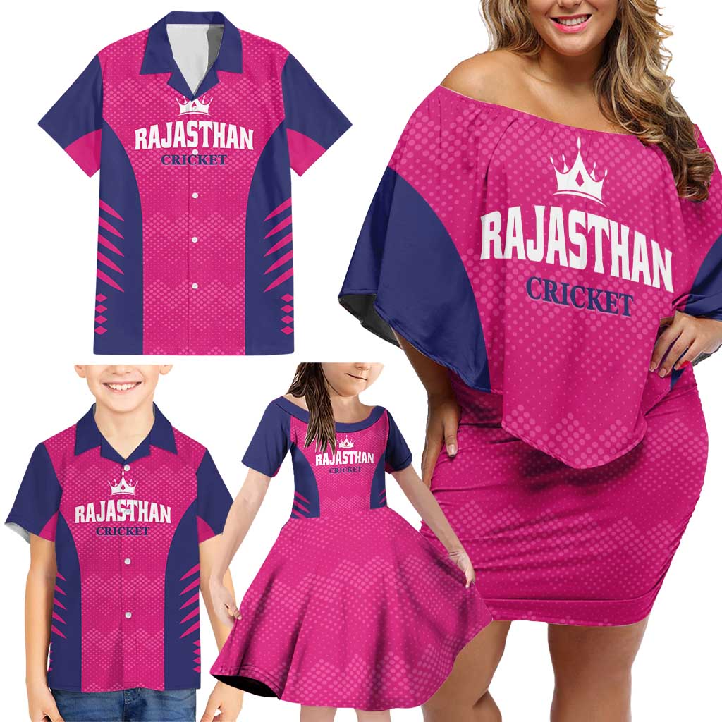 Custom Rajasthan 2025 Cricket Royals Family Matching Off Shoulder Short Dress and Hawaiian Shirt Pink And Halla Bol