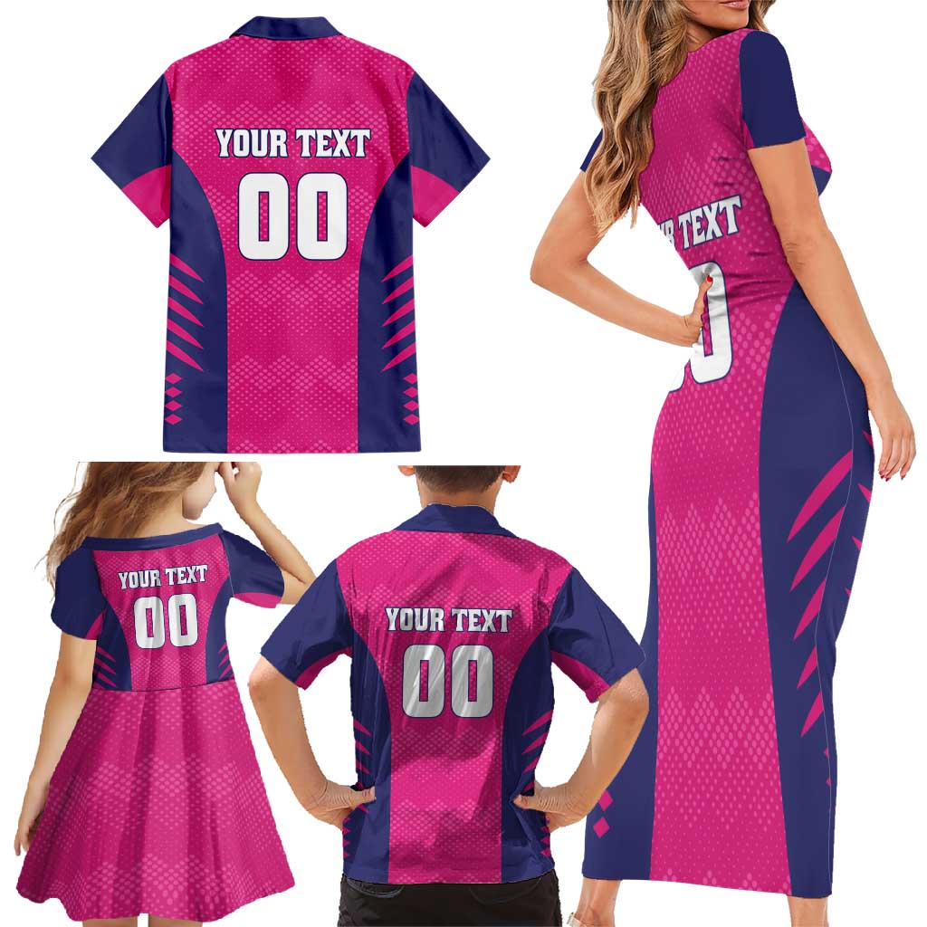 Custom Rajasthan 2025 Cricket Royals Family Matching Short Sleeve Bodycon Dress and Hawaiian Shirt Pink And Halla Bol