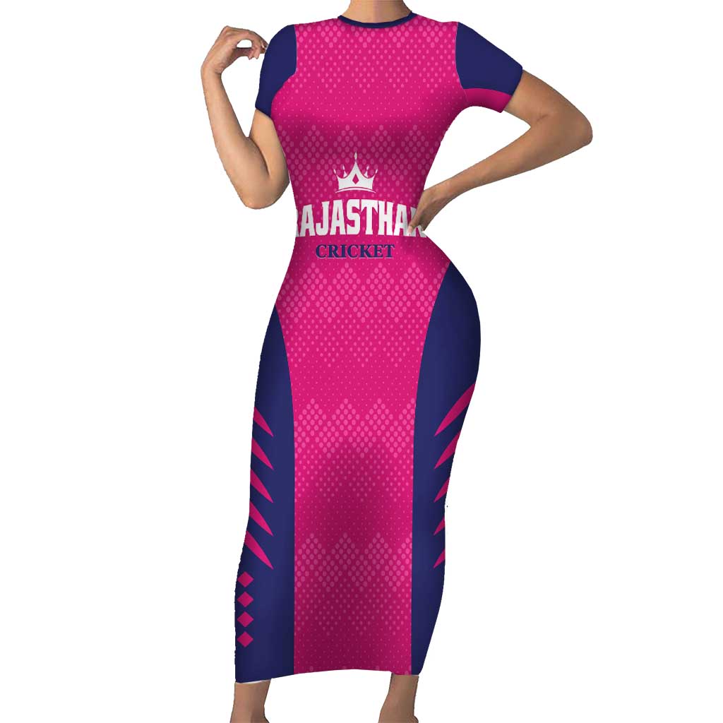 Custom Rajasthan 2025 Cricket Royals Family Matching Short Sleeve Bodycon Dress and Hawaiian Shirt Pink And Halla Bol