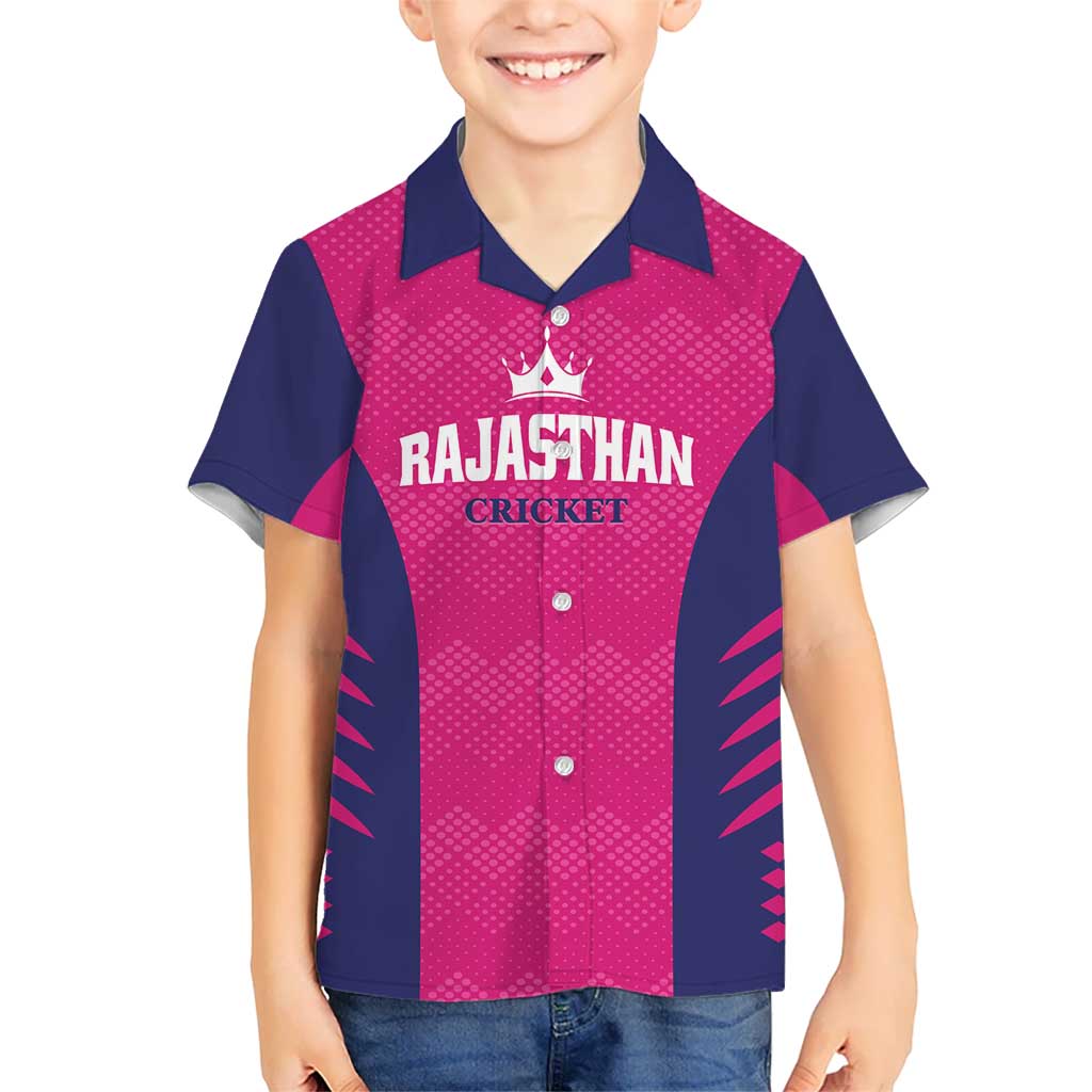 Custom Rajasthan 2025 Cricket Royals Kid Hawaiian Shirt Pink And Halla Bol
