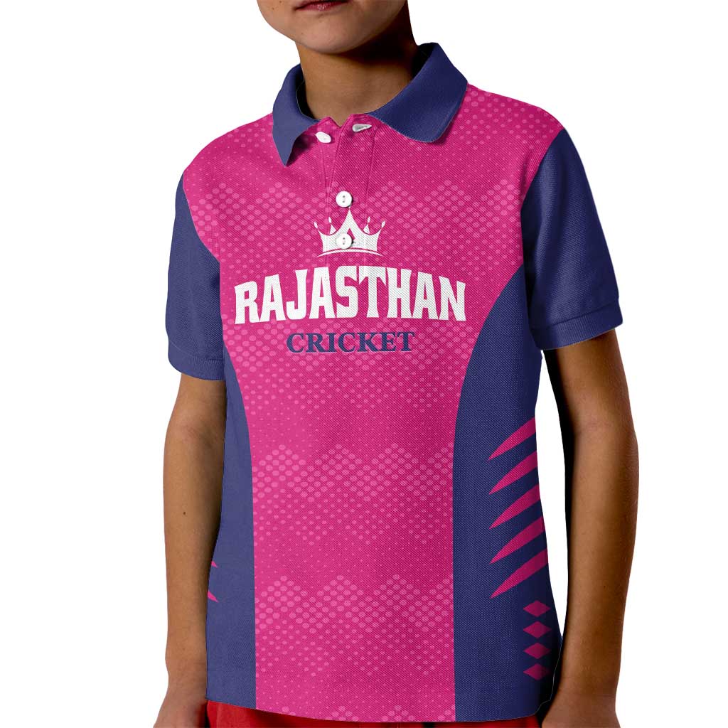 Custom Rajasthan 2025 Cricket Royals Kid Polo Shirt Pink And Halla Bol