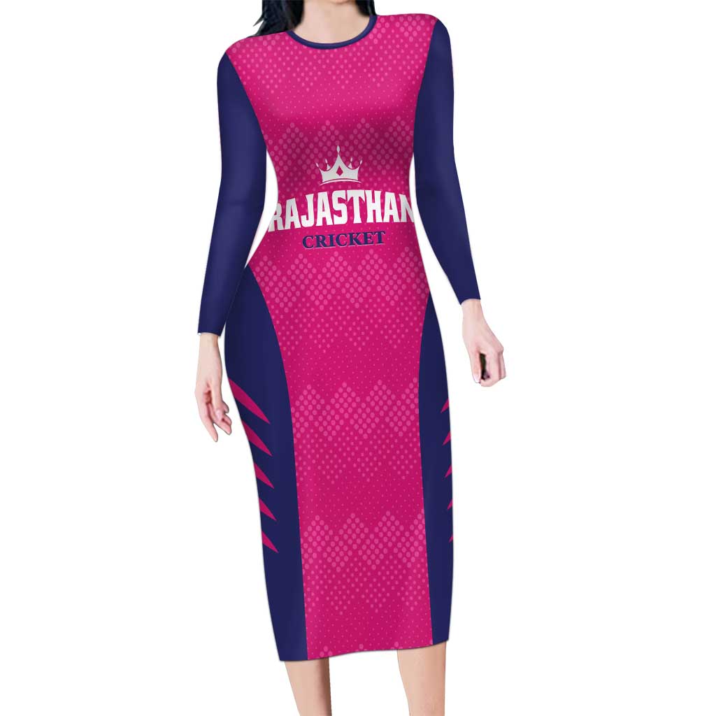 Custom Rajasthan 2025 Cricket Royals Long Sleeve Bodycon Dress Pink And Halla Bol