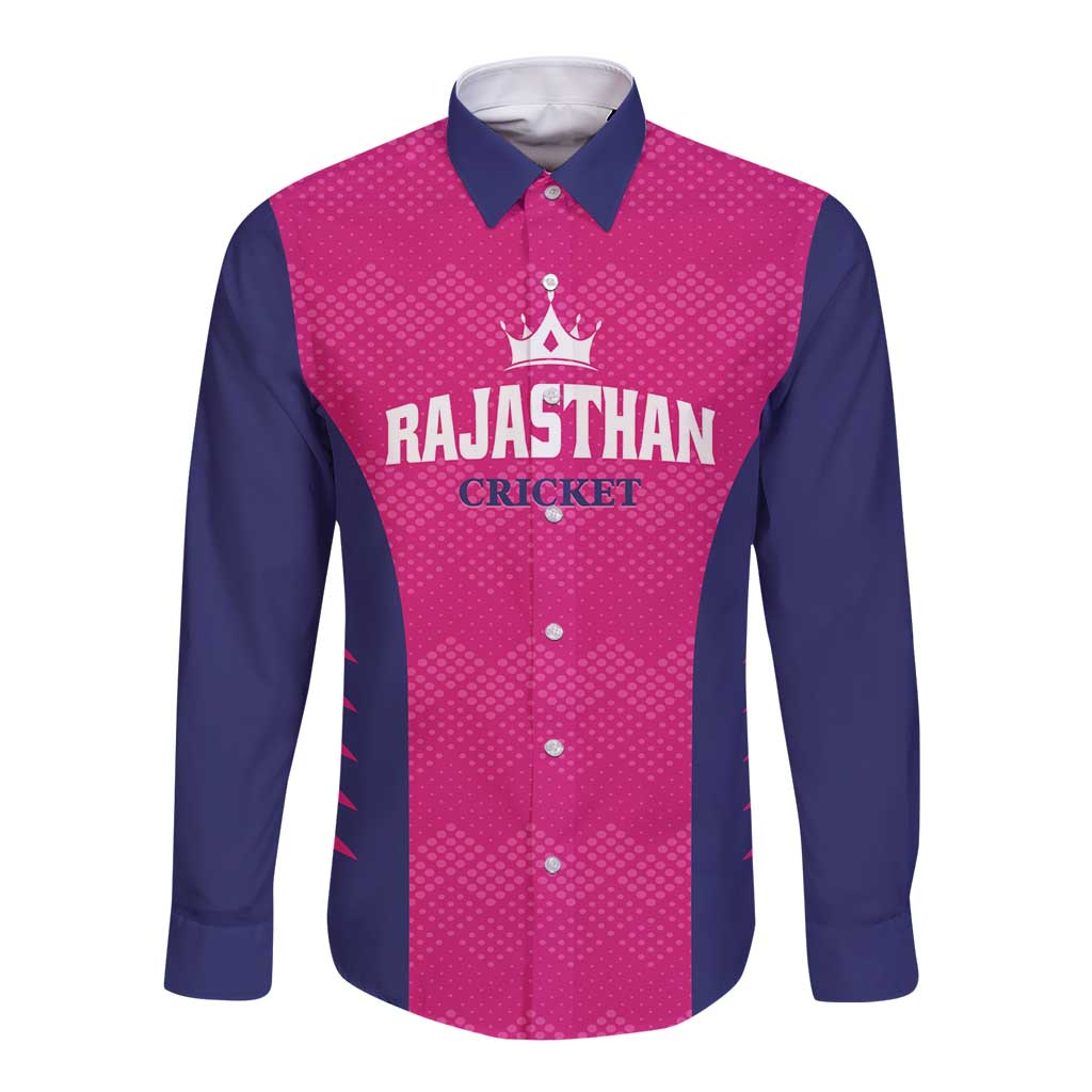 Custom Rajasthan 2025 Cricket Royals Long Sleeve Button Shirt Pink And Halla Bol